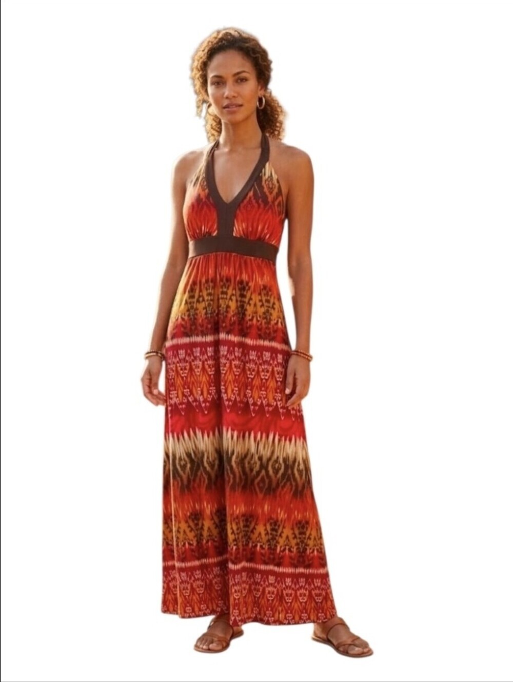 Enfocus Studio Strapless Maxi Dress in Red, Orange & Yellow Tribal Print